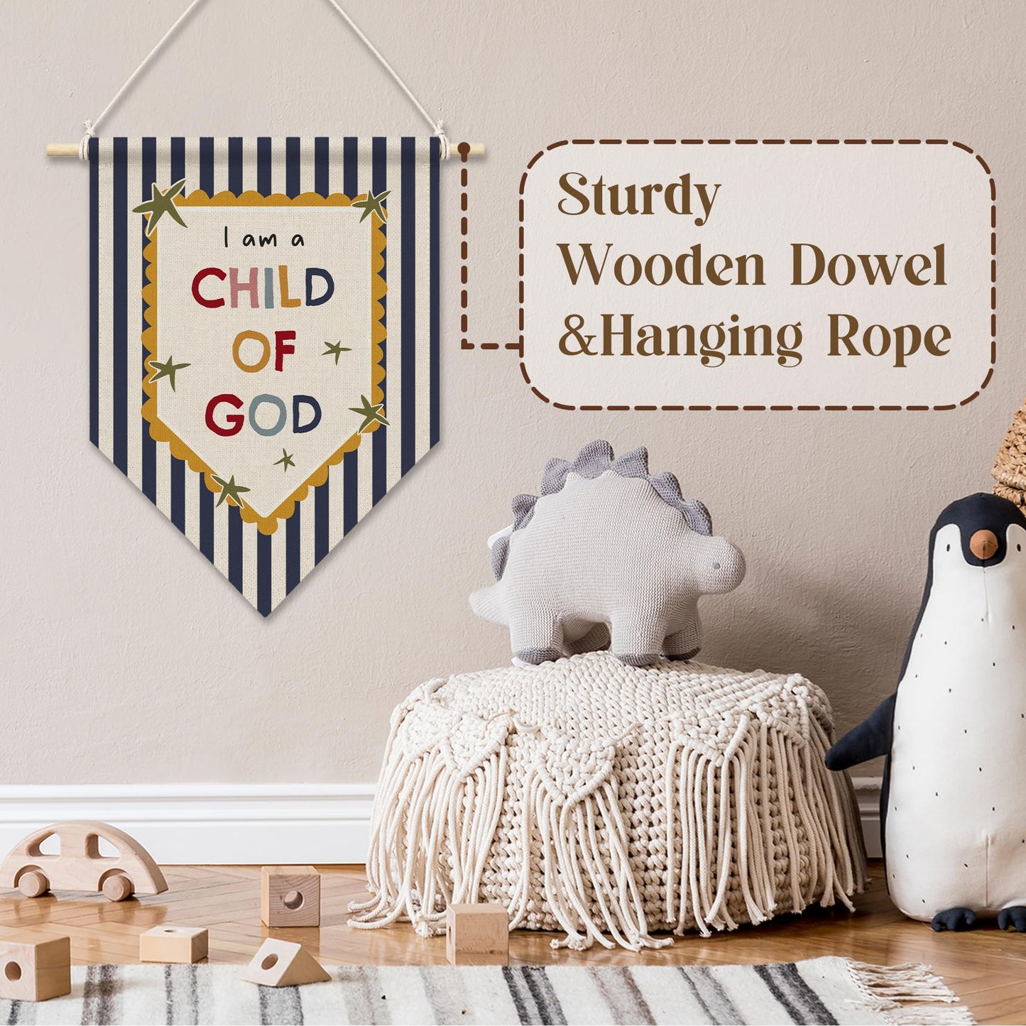 RUKUPA Christian Nursery Wall Art Decor, Bible Verse Hanging Pennant Flag, Boy Girl Nursery Religious Wall Art Poster Hanger for Kids Toddler Boys Girls Room Playroom Bedroom Decor, 11x15 Inch
