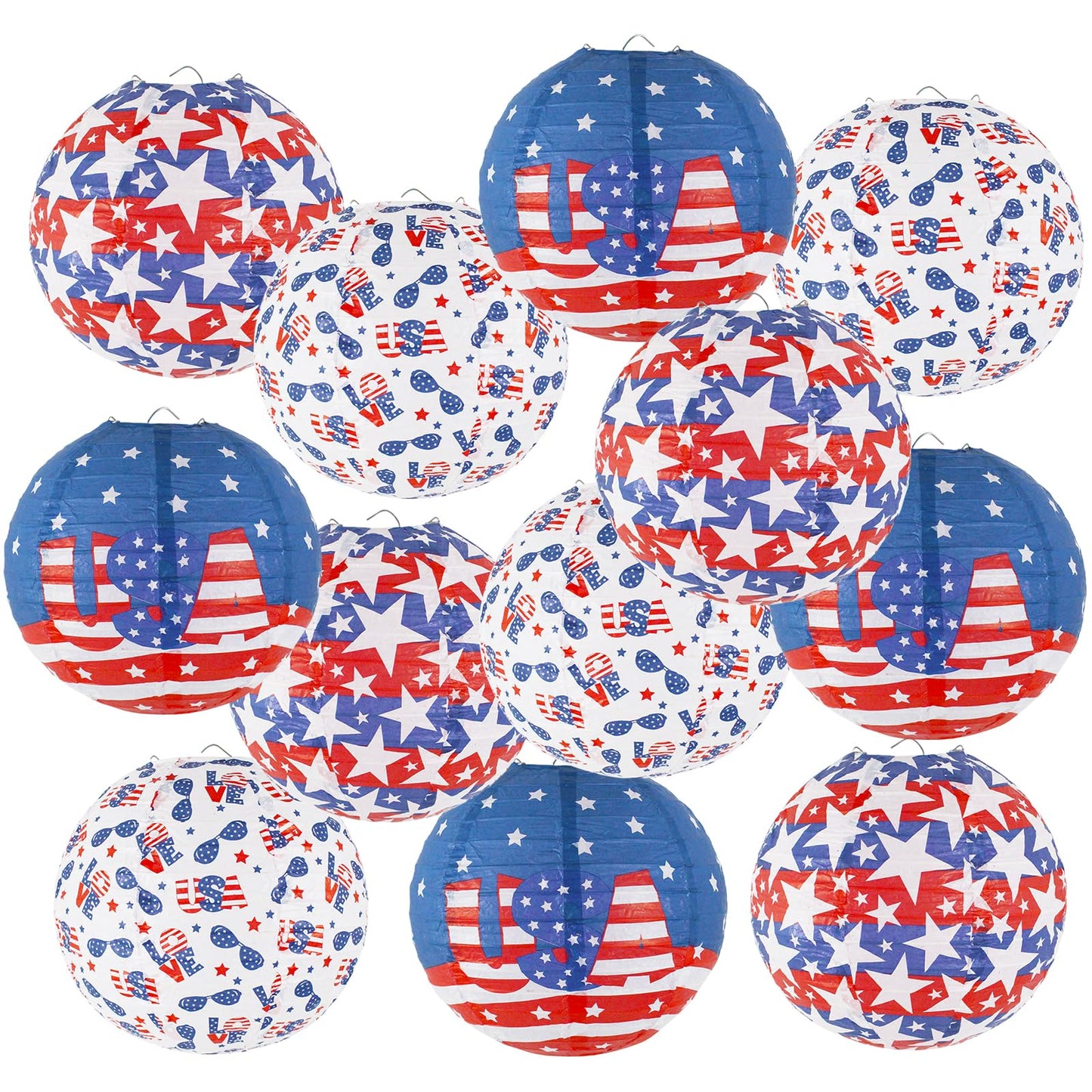 zilue Hanging Paper Lanterns for 4th of July Decorations, Pack of 12, Red/White/Blue, Model 1025