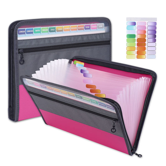 MEGREZ Expanding File Folder with 13 Pockets, A4 Paper File Folder with Zipper Color Labels, Waterproof Accordion File Folder Organizer for Home Office, Pink