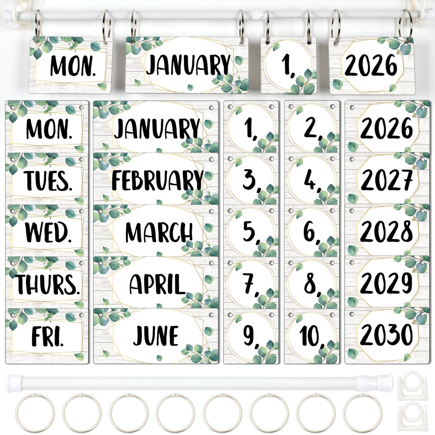Eucalyptus Flip Calendar for Classroom Bulletin Board Set Greenery Calendar Class Whiteboard Decor with 2026 to 2030 Years Date Cards and Adjustable Rod for Home Elementary School Teacher Supplies