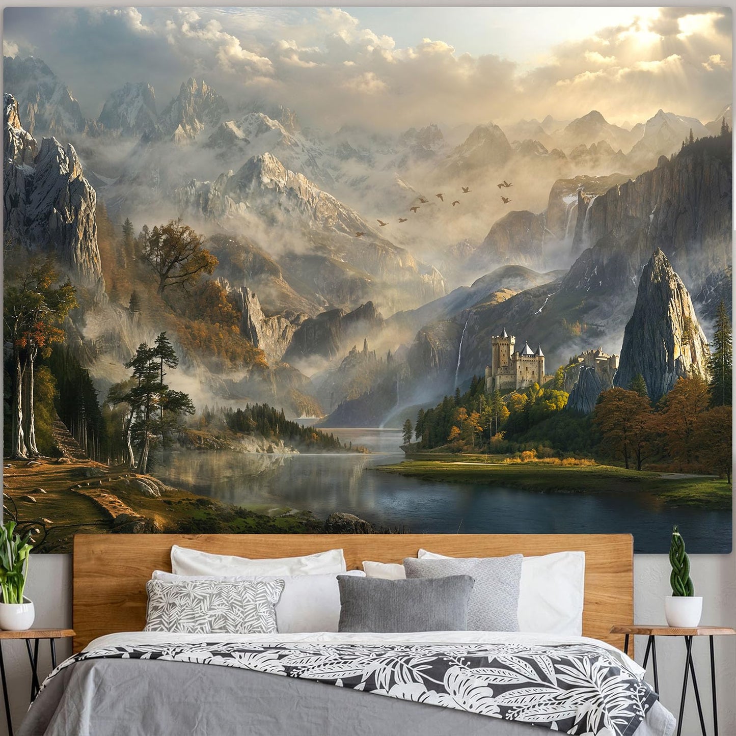 Spenlife Fantasy Valley Castle Wall Tapestry, Enchanted Mountain Lake Tapestries for Room Decor, Scenic Tapestry 60x44 Inch