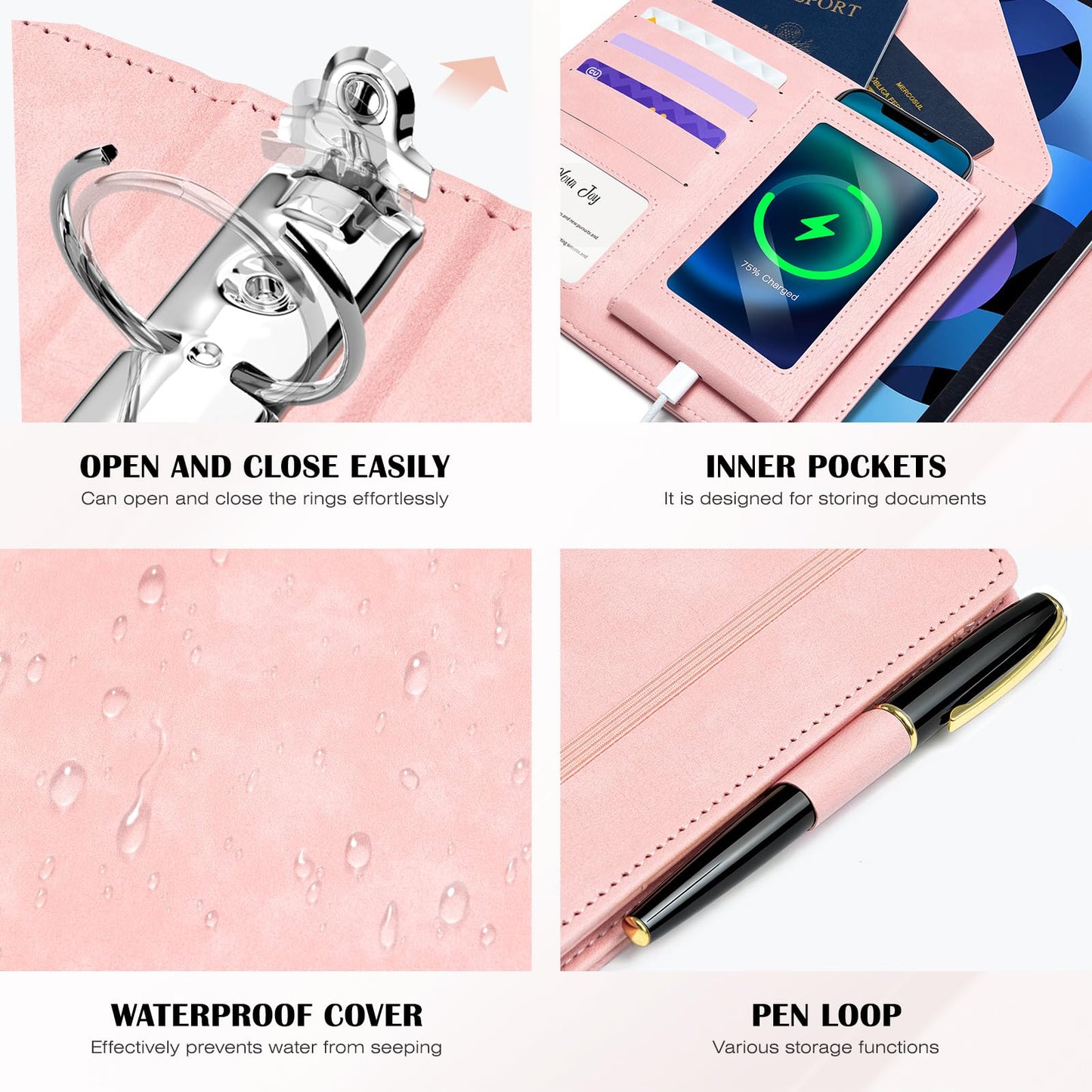Ospelelf Leather 3 Ring Binder for Letter Size Documents with PVC Pocketed Dividers, Storage Bag & Notepad, 1 Inch Round Rings, Holds 175 Sheets, for Office School Home Organization, Flower Pink