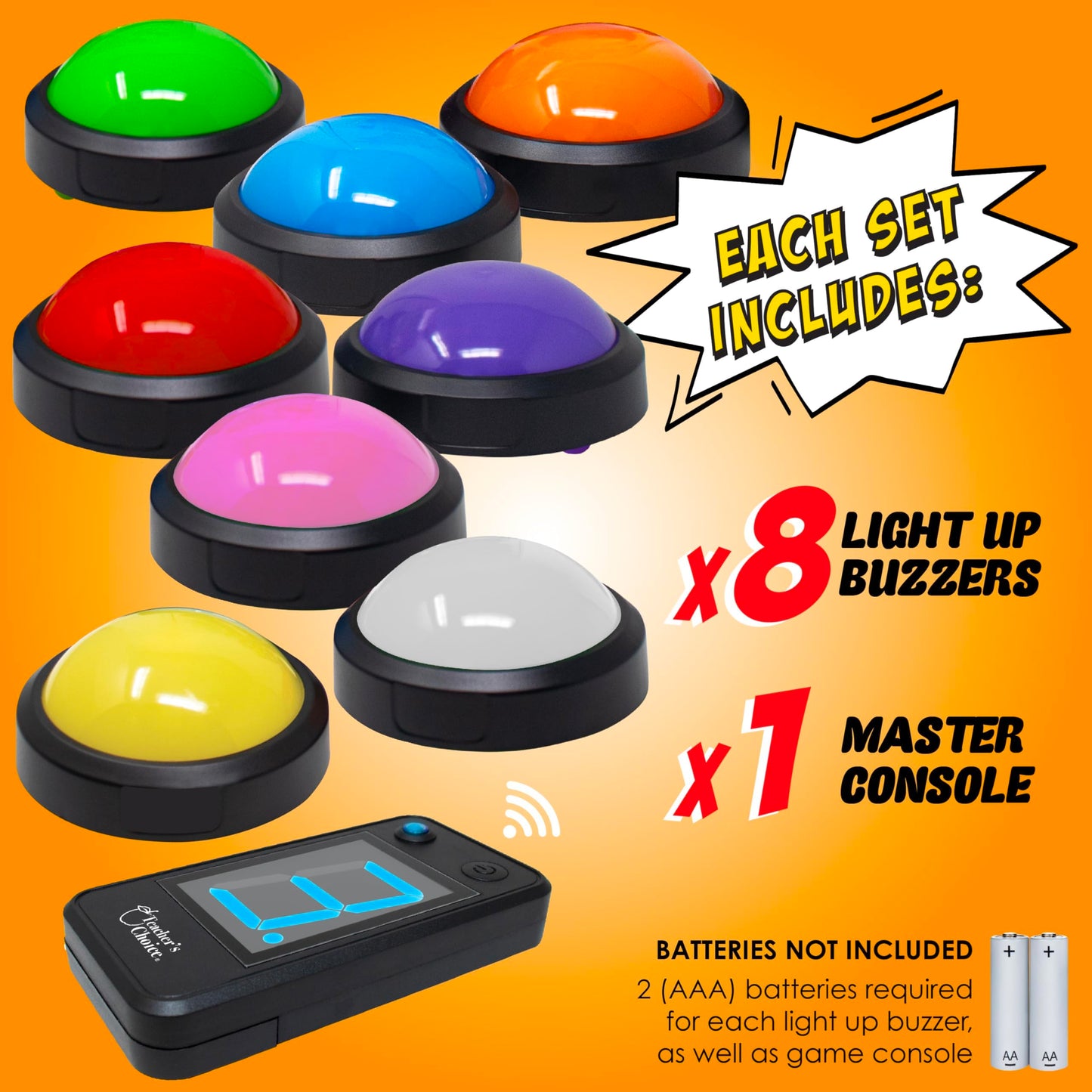 Teacher's Choice Wireless Light Up 8 Player Game Buzzer Button System | Displays the Winning Player | Loud, Unique Sounds Great for Trivia Games, Family Feud, Jeopardy, Competition, Spelling Bees