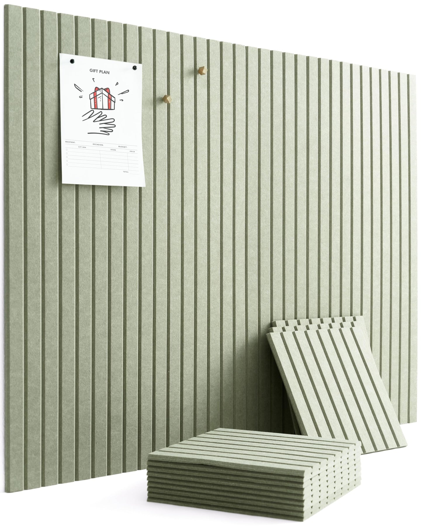 VIVELDA Felt Bulletin Board Tiles 48"x36" - 12-Pack Cork Board Alternative, OEKO-TEX Certified, NRC 0.95 Acoustic Felt Wall Panels, Damage-Free Adhesive, Slatted Design, Home Office & Classroom (Sage)