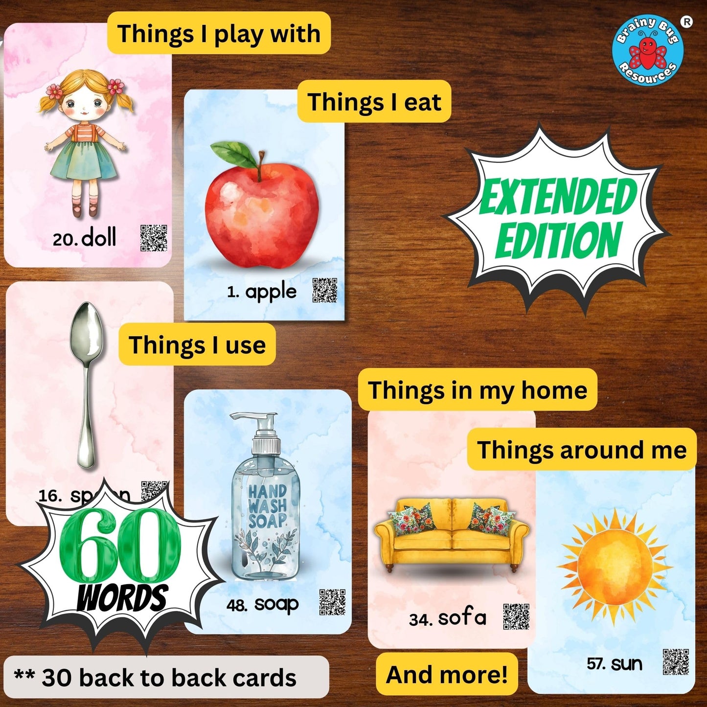 Brainy Bug Resources Flashcards with App-Enabled Audio Feature | 60 Everyday Objects Level 1 | Nouns | Audio in Hindi, English, Punjabi, Tamil, Kannada, Telugu | Spoken English | Special Kids