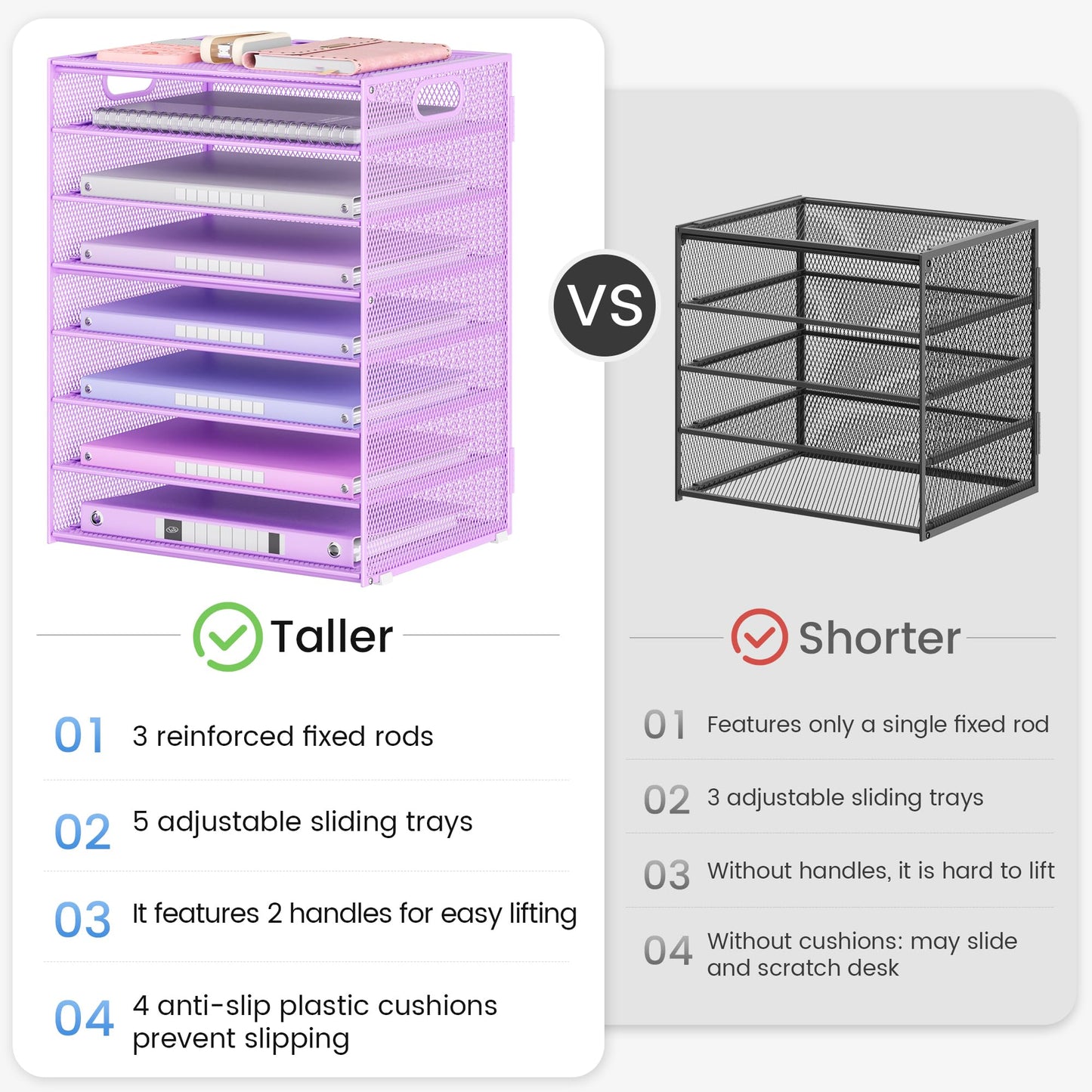 Lavatino 2 Pack 8-Tier Office Desk File Organizer, Letter Tray Paper Organizer with Handle, Including 5 Adjustable Slide Trays for Organizing Desk Workspace Accessories and Supplies (Purple Mesh)