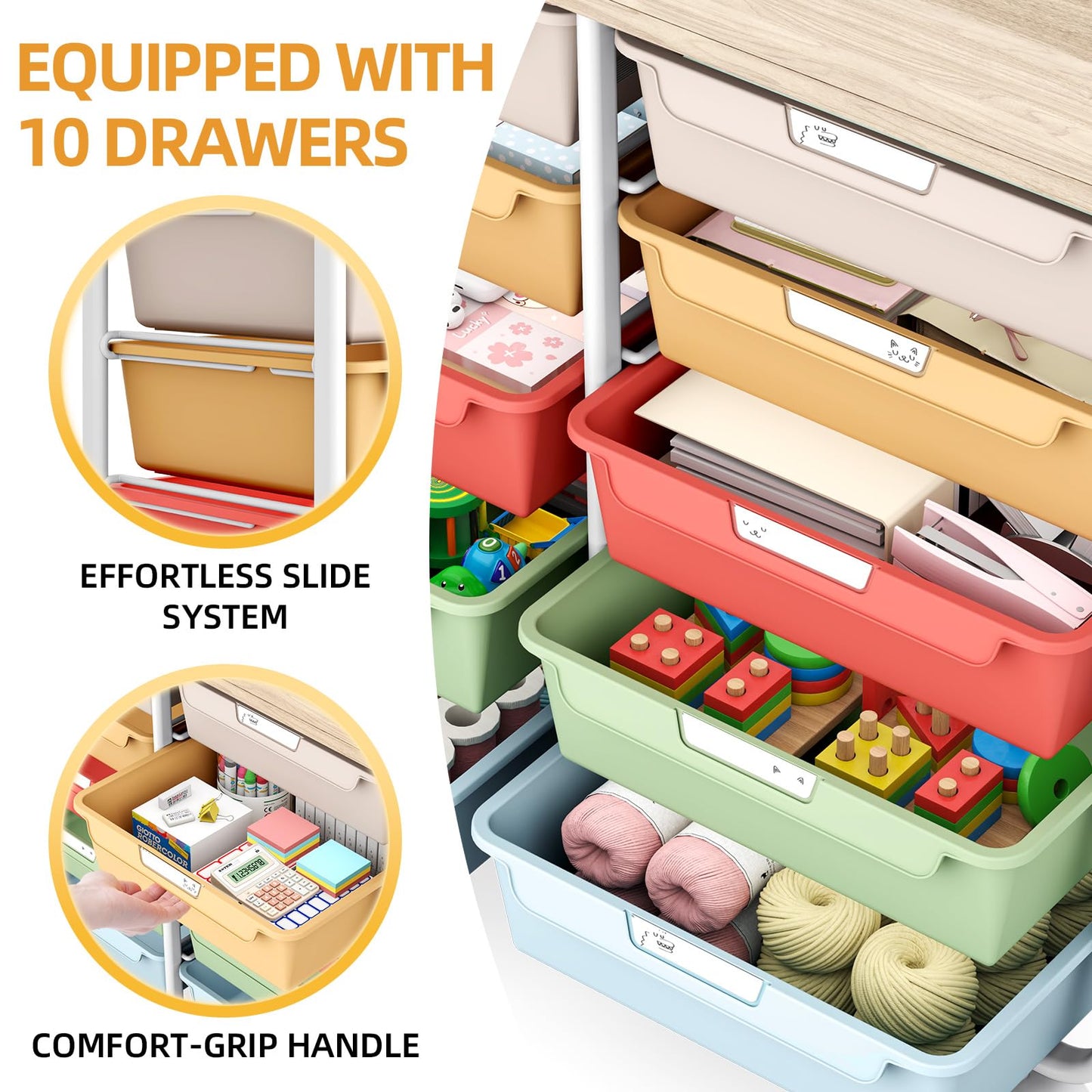 10 Drawers Rolling Cart with Wooden Tabletop, Utility Storage Cart with Wheels, Art Supply Craft Organizer on Wheel with Metal Frame & Handles for Home Office School,Colorful