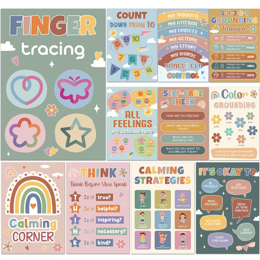 12Pcs Calming Corner Posters for Classroom Calm Down Boho Emotions Feeling Poster for Kids Inspirational Back to School Wall Decor Motivational Mental Health Posters for Office Home Teacher Supplies