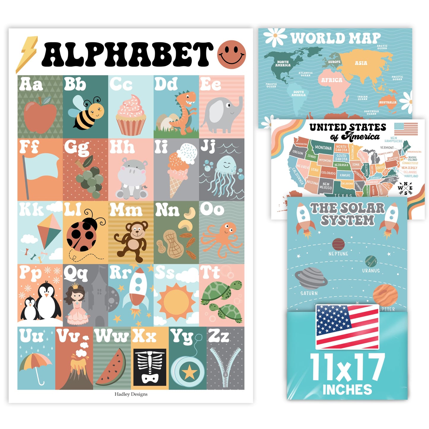 Hadley Designs 4 Alphabet, Map of United States, World Map, & Solar System Posters - Laminated ABC Charts for Toddlers Wall Decor, Retro Posters for Kindergarten, Prek Classroom or Homeschool 11x17
