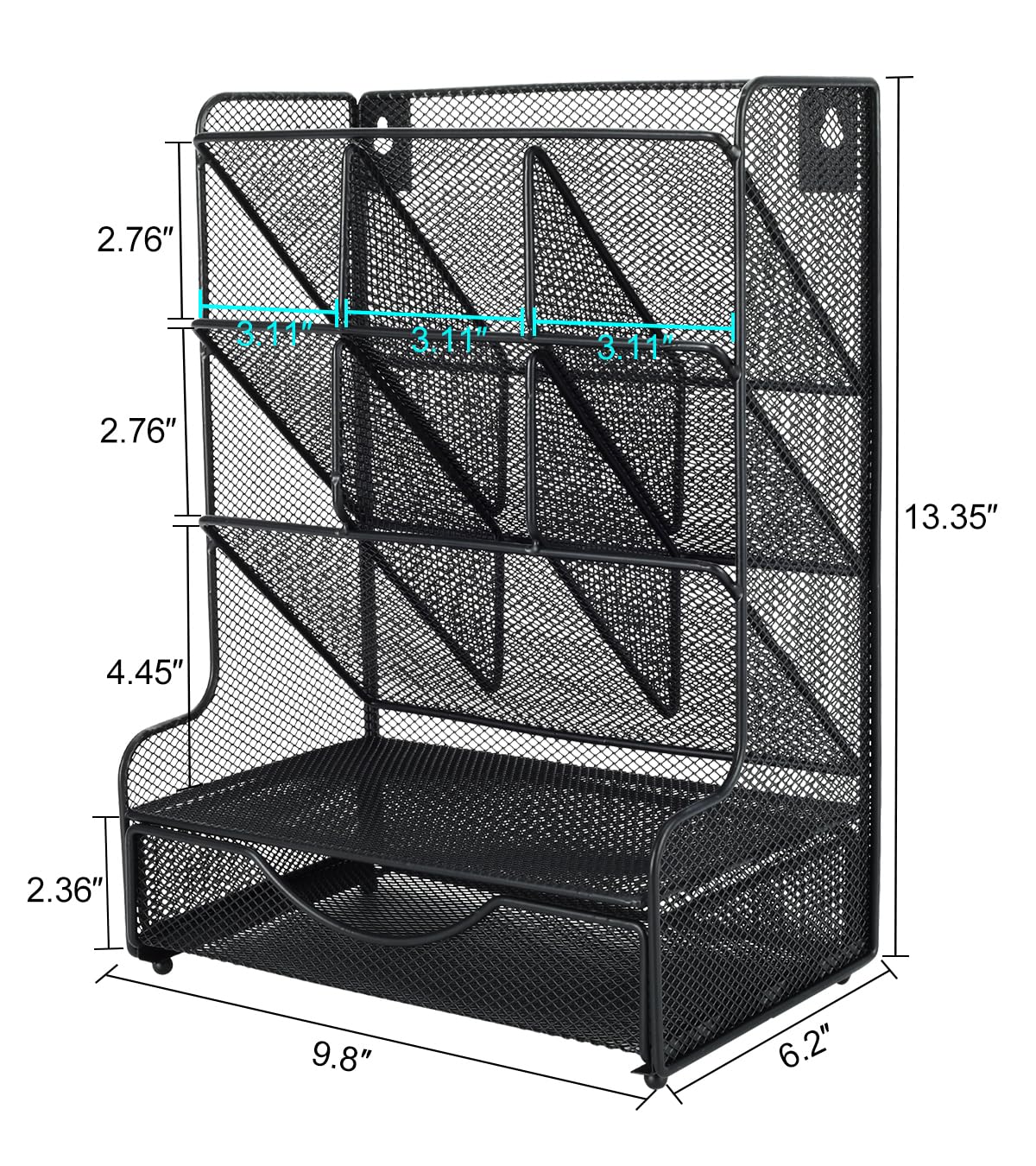 PAG Desk Organizer with Drawer Office Supplies and Accessories Storage Caddy Hanging Wall Shelf Metal Mesh Pencil Holder for Kids, 9 Compartments, Black