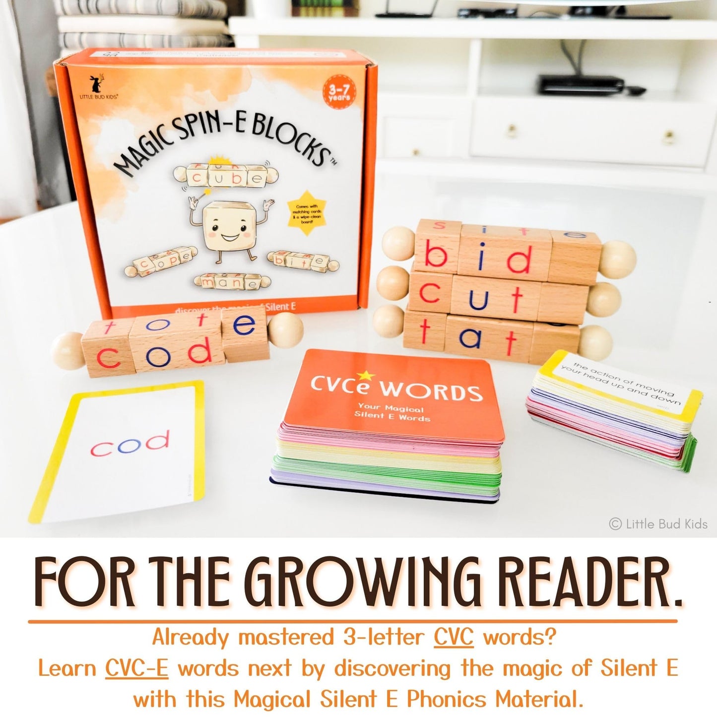 LITTLE BUD KIDS Magic Spin-E Blocks - A Silent E Phonics Toy & Montessori CVCe Reading Blocks for Kids Ages 4–7