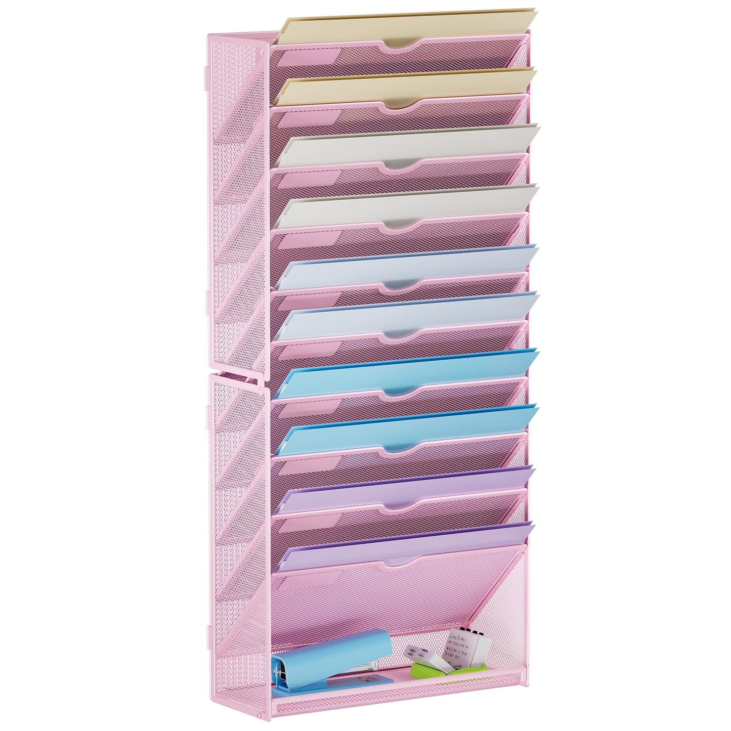 Marbrasse Wall File Holder 11-Tier Hanging Wall File Organizer, for Papers, Files Clipboard & Magazine Organizer, Wall Mount File Holder Great for Office Home (Pink)