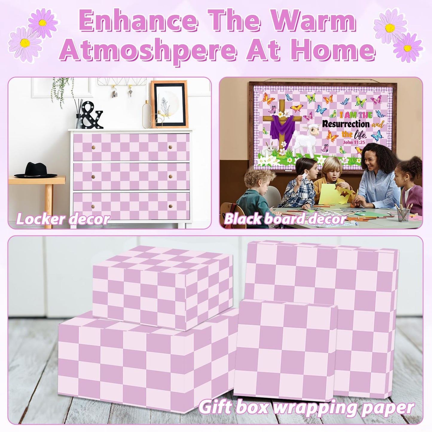 Purple Checked Bulletin Board Paper Roll Retro Pastel Purple Bulletin Board Background Back to School Classroom Decor Poster for Art Craft DIY Project Home Office Girls Party Supplies 17.7in x 20ft
