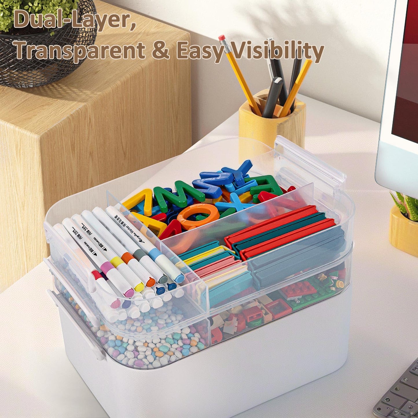 3-Layer Plastic Craft Organizers and Storage Box with Removable Trays, Storage Containers with lids and Handle, Art Supply Storage Organizer for Bead, Ornament, Nail Polish, Tape（10.62"x9"x7.67"）