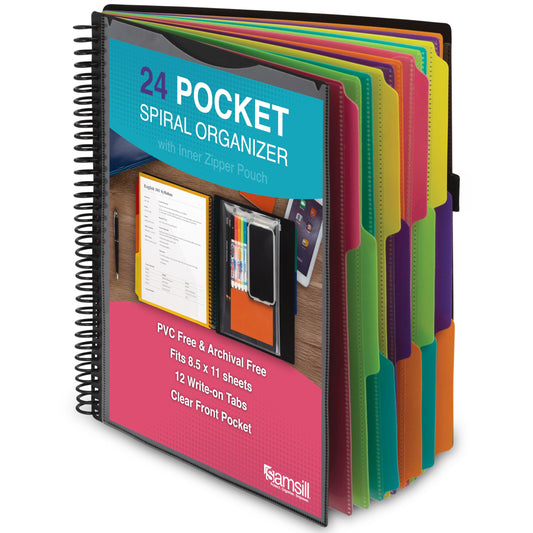 Samsill Spiral Folder Organizer - 12 Dividers & 24 Pockets with Zipper Pouch, Multi Pocket Color Cordinated Folder Binder with Customizable Tabs, Document Organizer (Fashion)