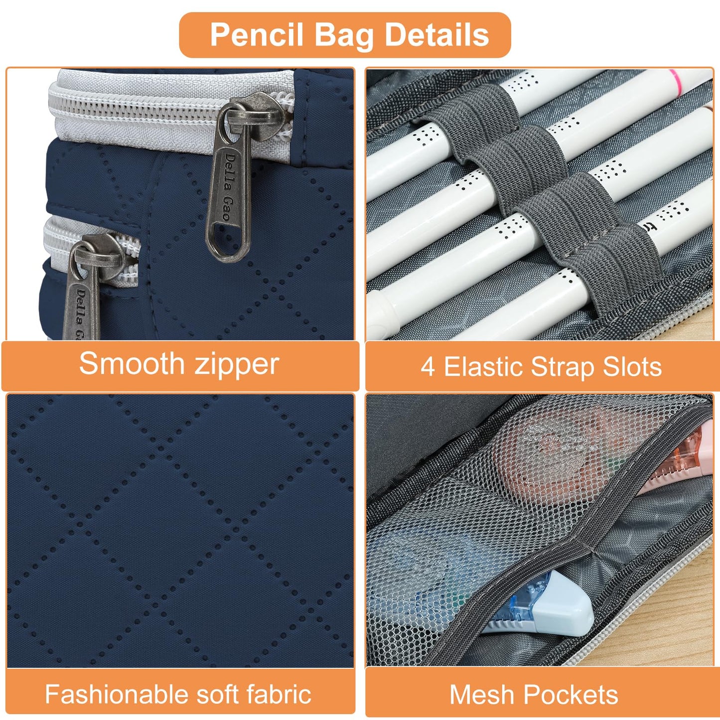 Della Gao Large Pencil Case, Big Capacity Pencil Pouch with 3 Compartments, Office Pencil Bag with Zipper, Big Pen Case for Adults (01-3SLLG)