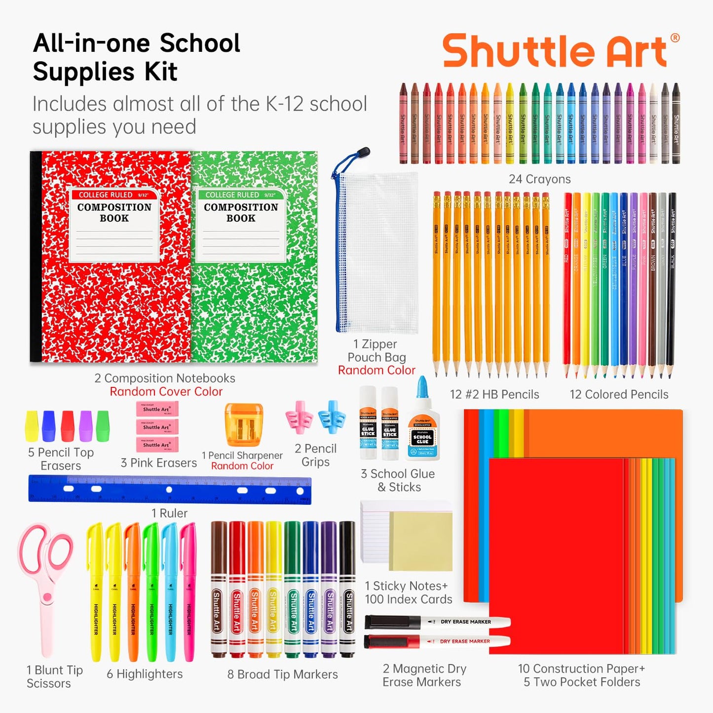 Shuttle Art 102 PCS Back to School Supplies Kit, School Supply Box for Grades K-5, School Supplies for Kids and Students, Including Pencils, Pens, Markers, Erasers, Notebooks, Folders and More