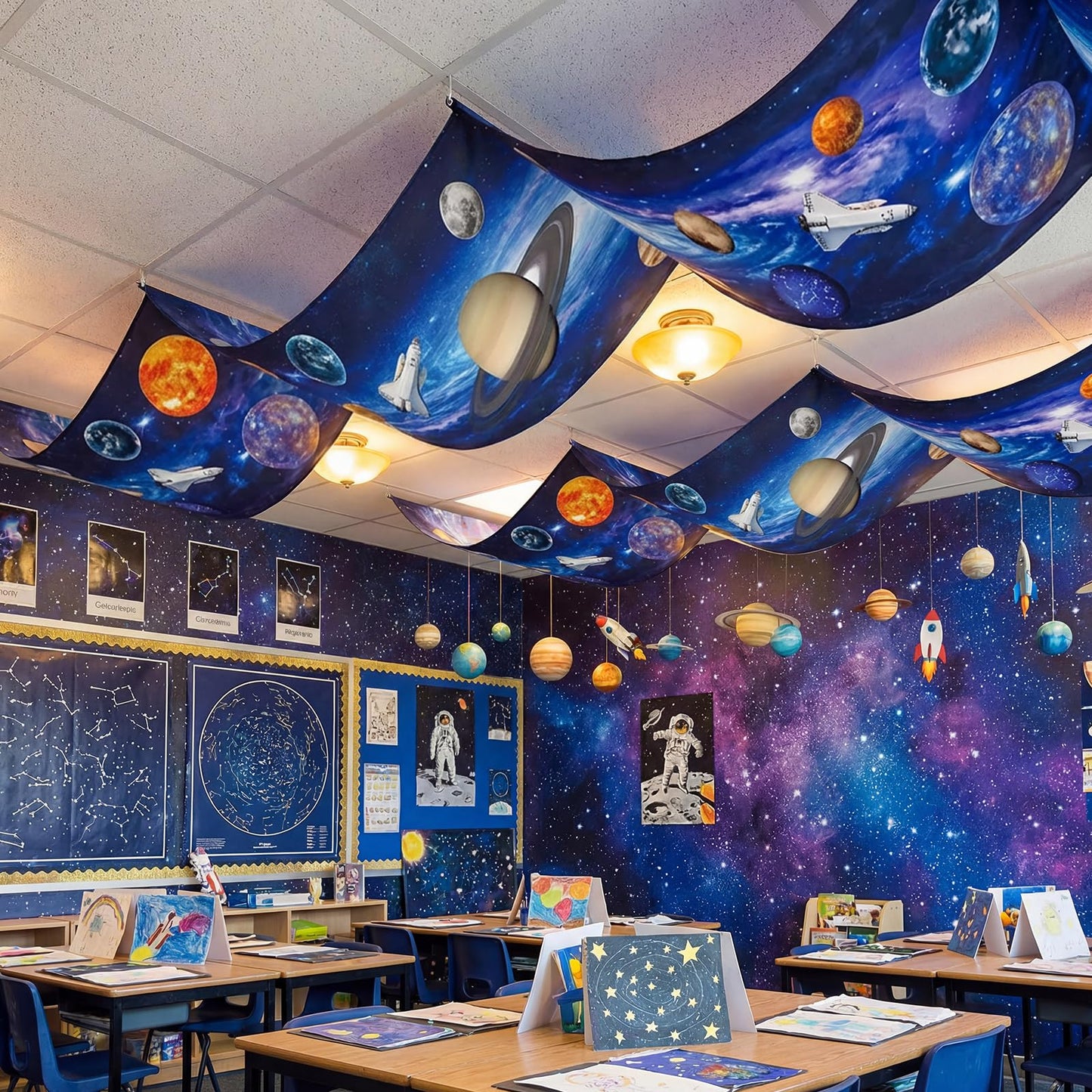 Feifeiya 3 Pcs Solar System Party Decorations 24 Inch x 12 ft Vbs 2026 Decoration Outer Space Theme Ceiling Decor for Space Summer Vocation Church Sunday School Classroom Birthday Party Decor Supplies