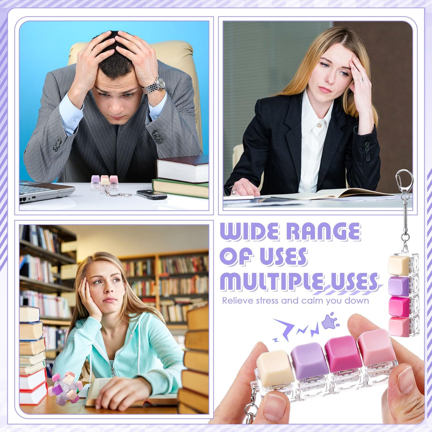 Halloscume 5 Pcs Keyboard Adult Fidget Clicker in 5 Styles Keyboard Fidget Keychain Cube Mechanical Key Button Clicker Stress Relief Gift for Office Home Pass Time(Purple Pink)