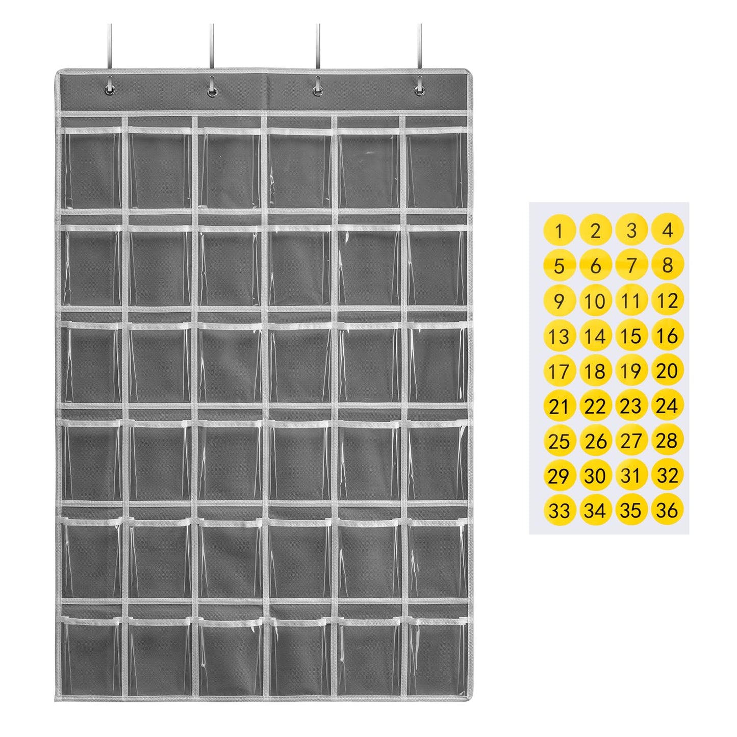 SAVERHO 36 Clear Pockets Classroom Pocket Chart for Cell Phones and Calculator Holder, Pocket Chart for Classroom Phone Holder with Number Stickers and Hooks (Grey)