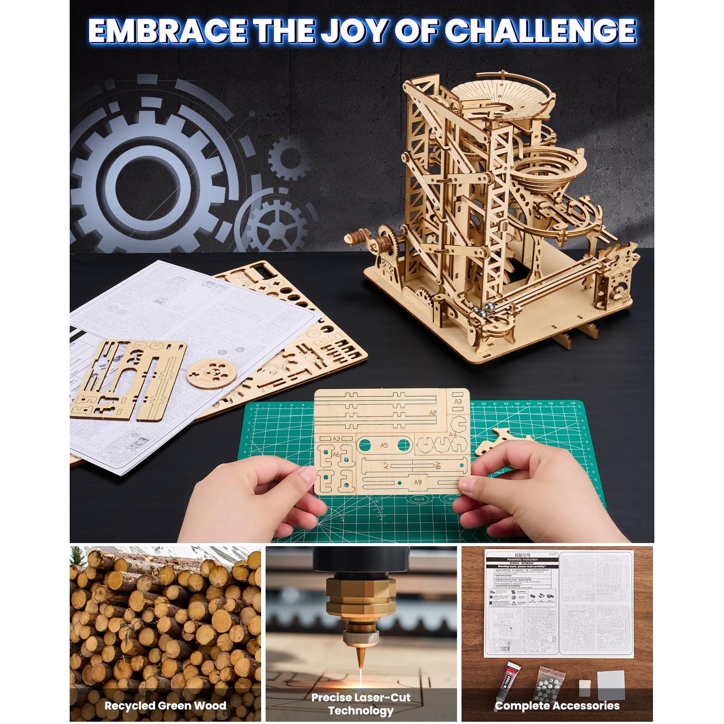 Uplike 3D Wooden Puzzles for Adults: 330 pcs 3D Mechanical Wood Marble Run with Roller Coaster Model Kit for Brian Teaser to Build - Christmas Hobbies Craft Kits Puzzles for Adults Home Decor Gifts