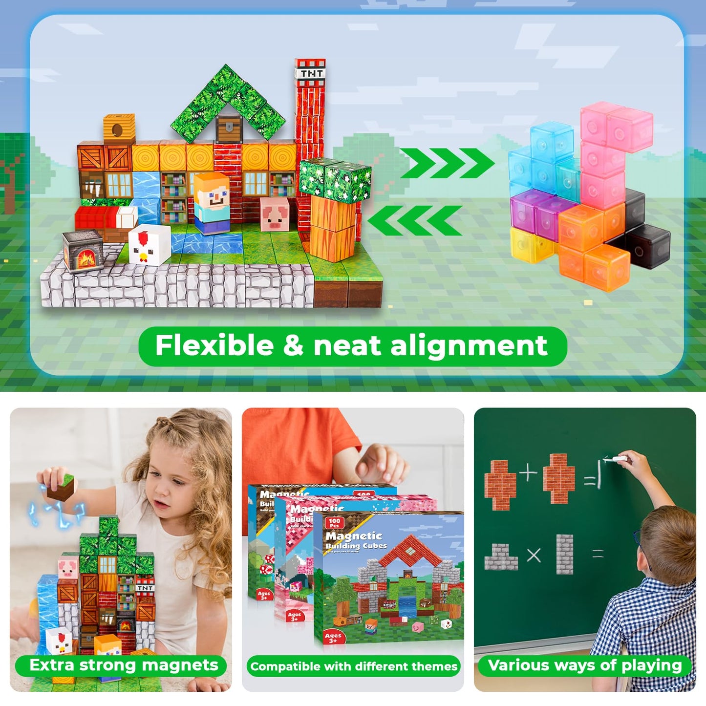 Magnetic Blocks - 100PCS Magnetic Building Blocks Cubes, Magnet Toys for Kids Age 3+, Toy Building Set for Kids, Magnets Stacking Construction Toys Easter Birthday Gifts for Boys Girls Age 4-8, 8-12