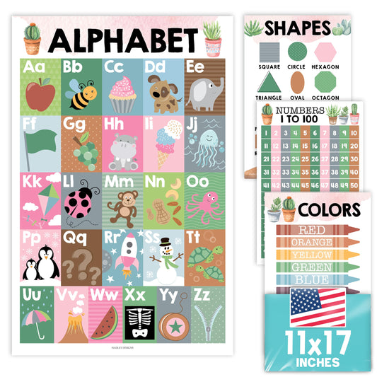 Hadley Designs Educational ABC Posters for Classroom Wall Decor - Preschool Learning Posters for Toddlers 1-3, Shapes Color 1-100 Number Chart & Alphabet Poster, Daycare Playroom Homeschool Essentials