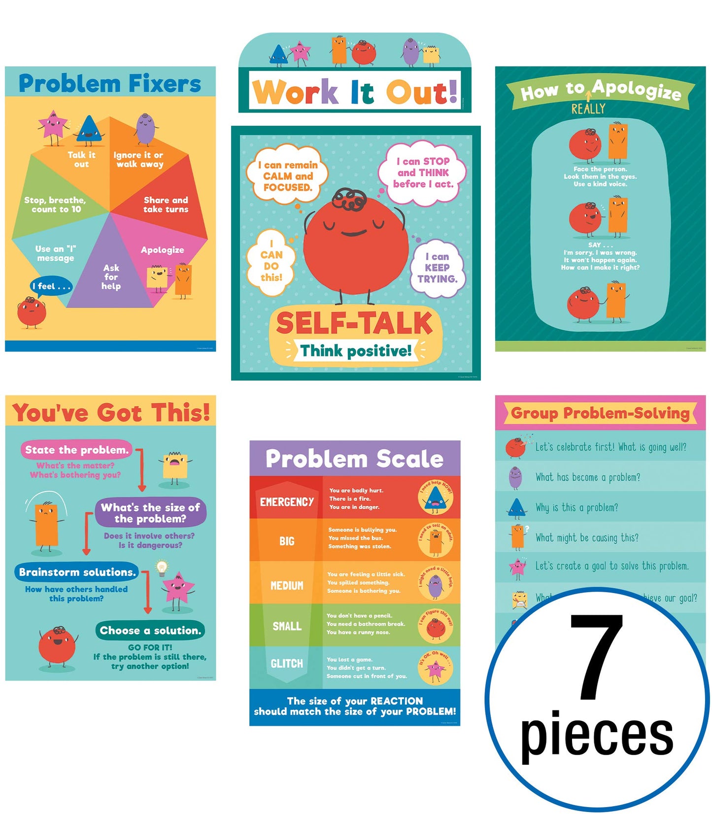 Carson Dellosa 7 pc Set of Problem-Solving Motivational Posters, Charts With Positive Affirmations and Strategies for a Growth Mindset, Calm Down Corner Supplies and Classroom Decor
