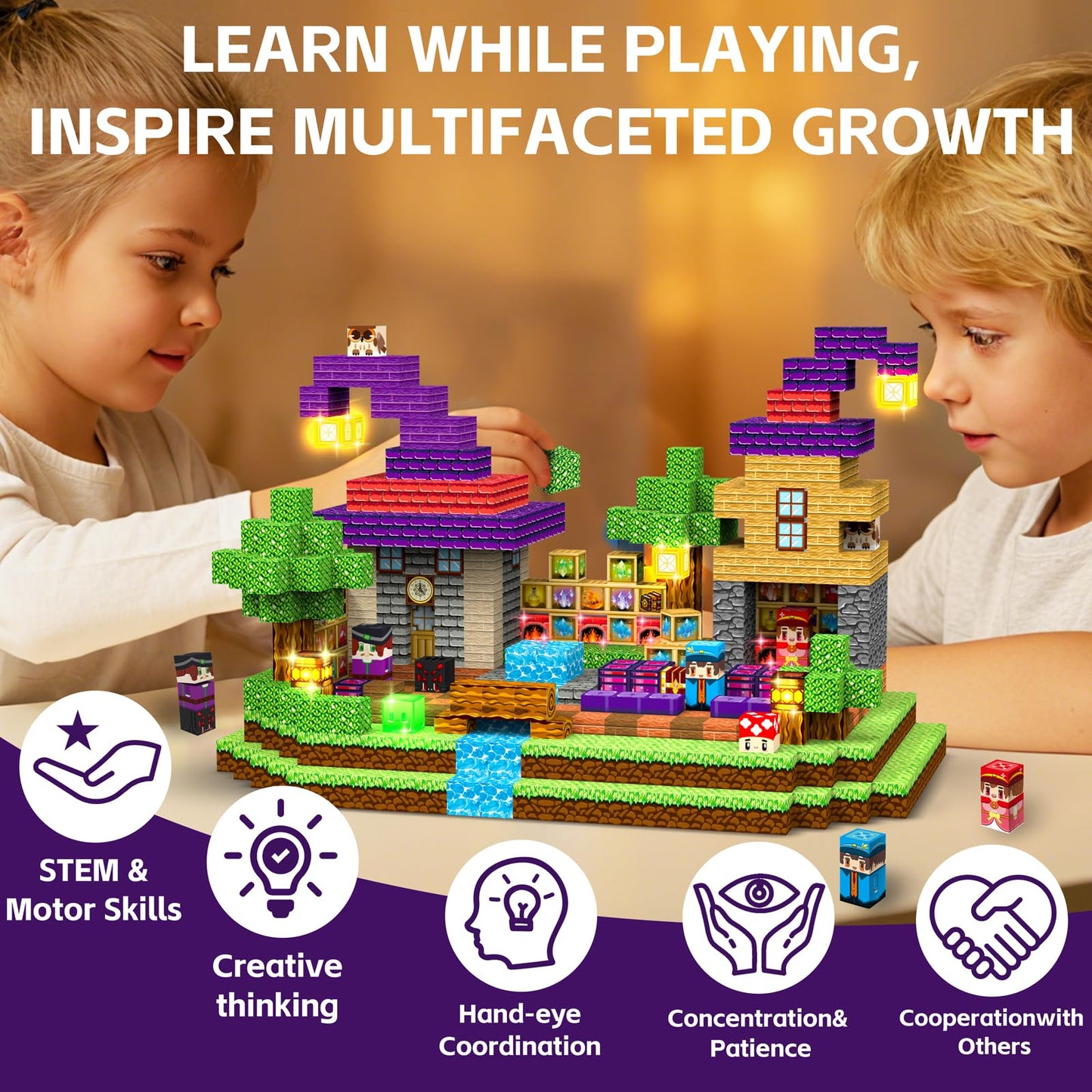 Gryxpox 200PCS Magnetic Blocks - Magnetic School Castle Set with Light Up Blocks - Kids Classroom Sensory Toy for Toddlers STEM, Construction Stacking Toy Kids 3+ Boys Girls Christmas Birthday Gifts