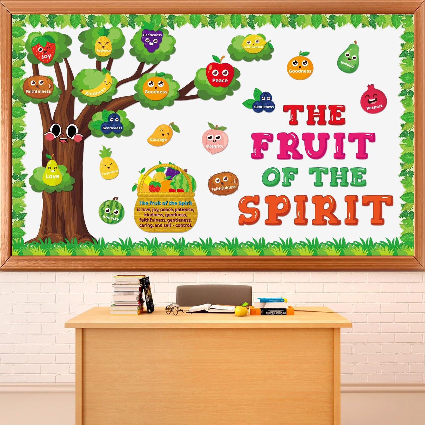 Fruit of The Spirit Bulletin Board Set Christian Classroom Decoration Religious Paper Cutouts Bibles Bulletin Board Border for Church Sunday Back to School Chalkboard Wall Decor Teacher Supplies