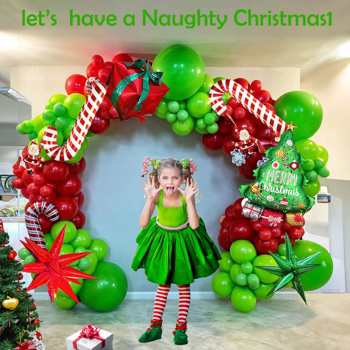 yeewaka Christmas Balloon Garland Arch Kit130+pcs Xmas Red Green Balloons with candy cane Christmas tree gift box Balloons for Kids Grinchmas Party Naughty Christmas Birthday Decorations