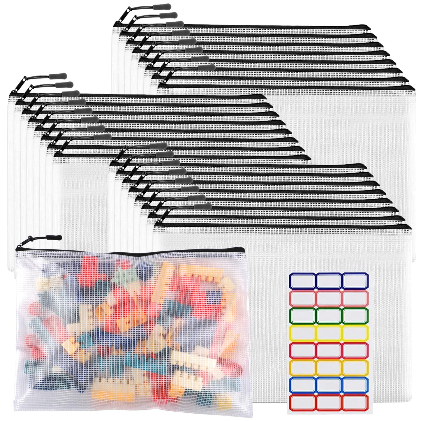 YOPCDJ 24pcs Large Mesh Zipper Pouch File Bags Reusable Zippered Pouches for Organizing Classroom, Board Game Storage, Puzzle Bags Black
