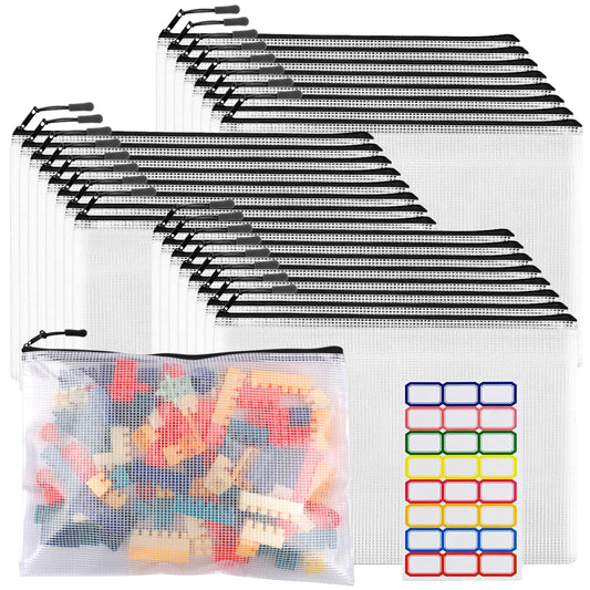 YOPCDJ 24pcs Large Mesh Zipper Pouch File Bags Reusable Zippered Pouches for Organizing Classroom, Board Game Storage, Puzzle Bags Black