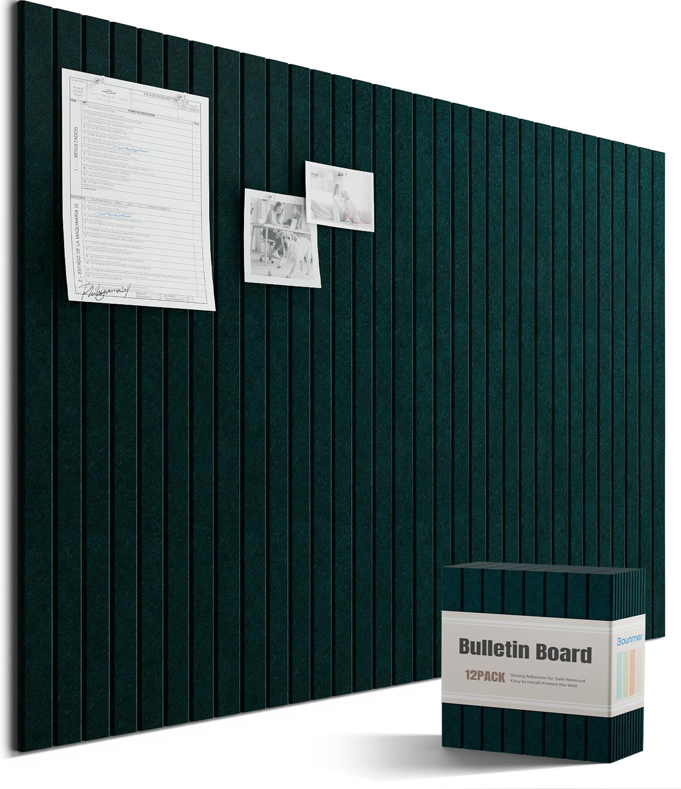 Bounmer Large Cork Board Alternative 48“ x 36”, 12-Pack Felt Bulletin Board Tiles with 60 Safe Removable Adhesive Tabs & 30 Pushpins, Cork Boards for Office Walls Decor (Pine Green)