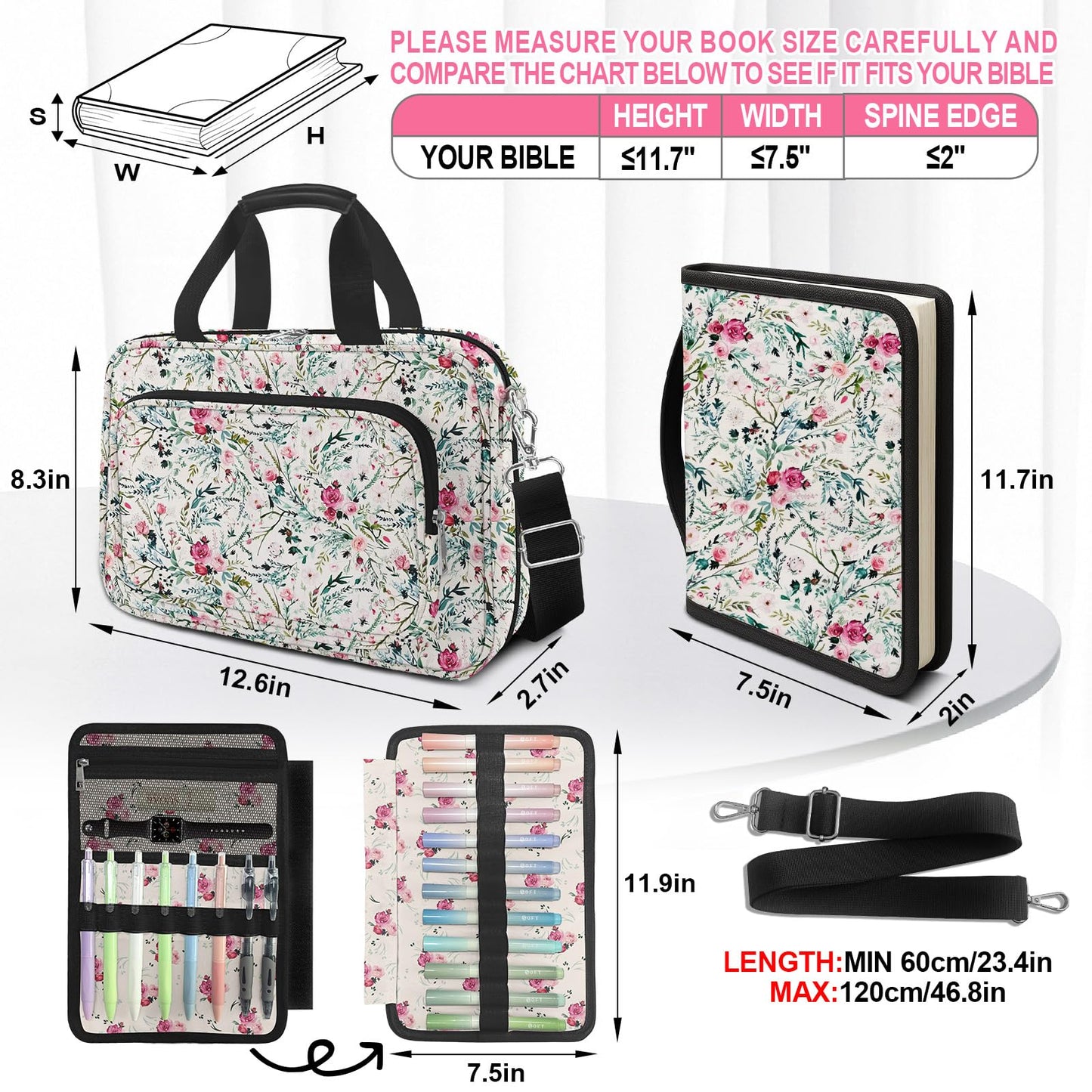 IBOVODI Pink Floral Bible Cover Case for Women, Cute Flower Large Bible Bag Book Carrying Bag with Strap Handle Zipper Pockets, Pens and Highlighters Cross Clips for Bible Study & Church