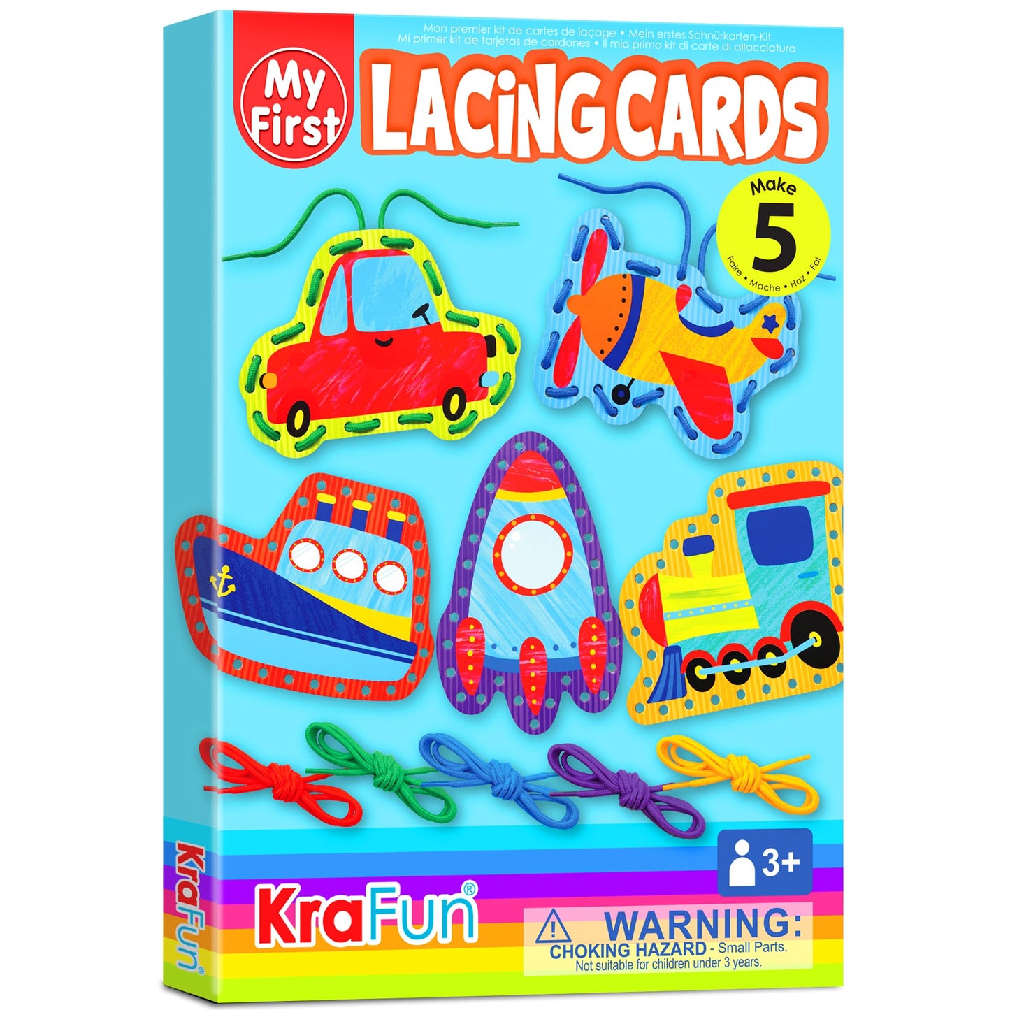 KRAFUN My First Lacing Cards Kit for Toddlers & Kids Age 3+, 5 Transport Vehicle Arts & Crafts Projects, Fine Motor Skills Toys, Beginner Activity Set with Car Rocket Train Plane Ship