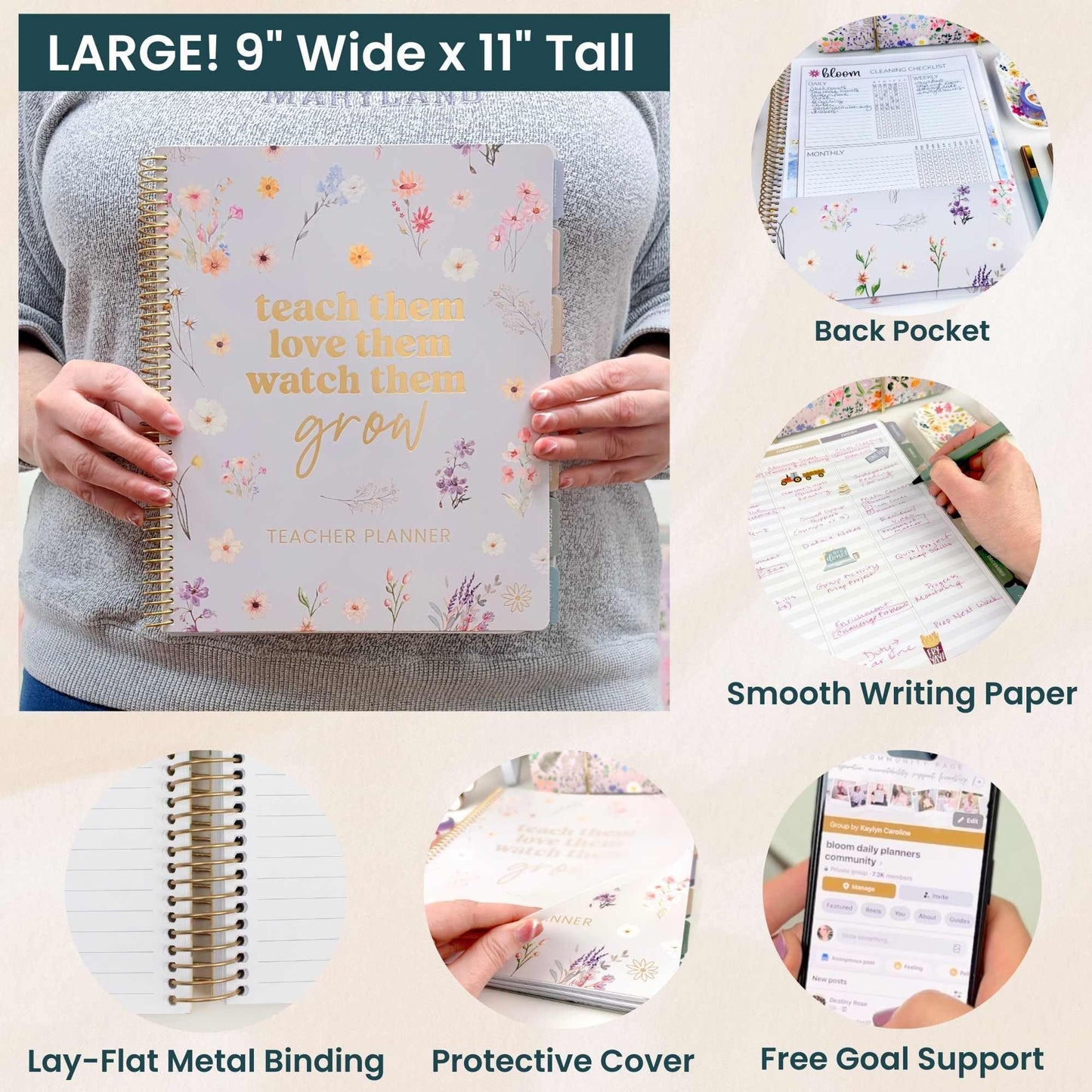 bloom daily planners New Undated Academic Year Teacher Planner & Calendar with Frosted Protective Cover - 7 Period Lesson Plan Organizer Book (9" x 11") - Teach Them Love Them