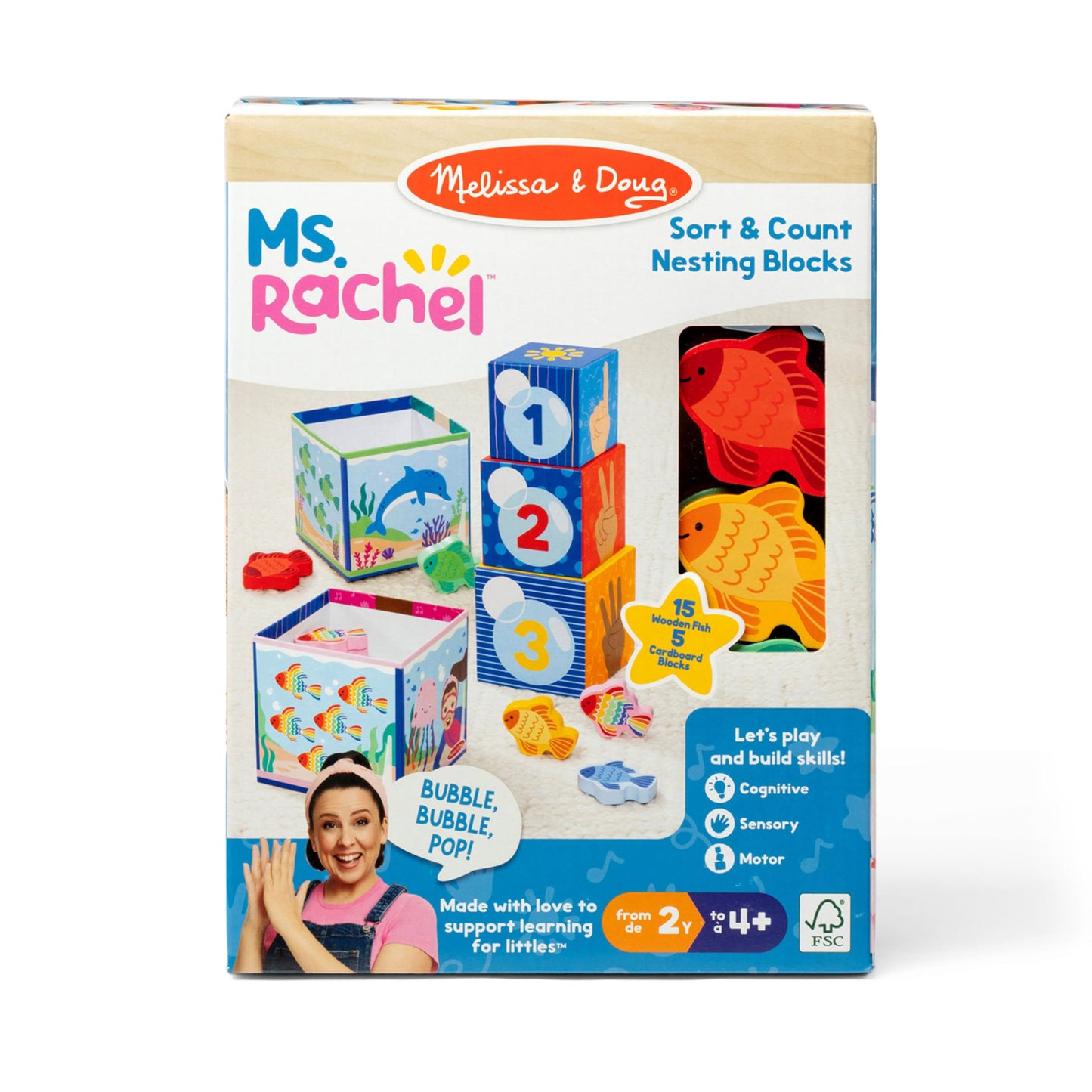 Melissa & Doug® Ms. Rachel™ Sort and Count Nesting and Stacking Blocks with Wooden Fish Preschool Learning Toy for Boys, Girls - FSC Certified