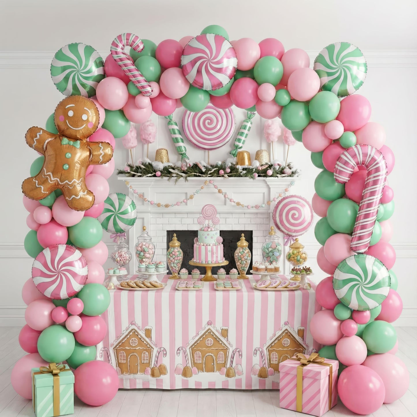 Christmas Balloon Garland Arch kit light magenta green pink balloon with Gingerbread Balloon Cane Candy Foil Balloons for Christmas Party Decorations Xmas New Year Birthday Party Supplies