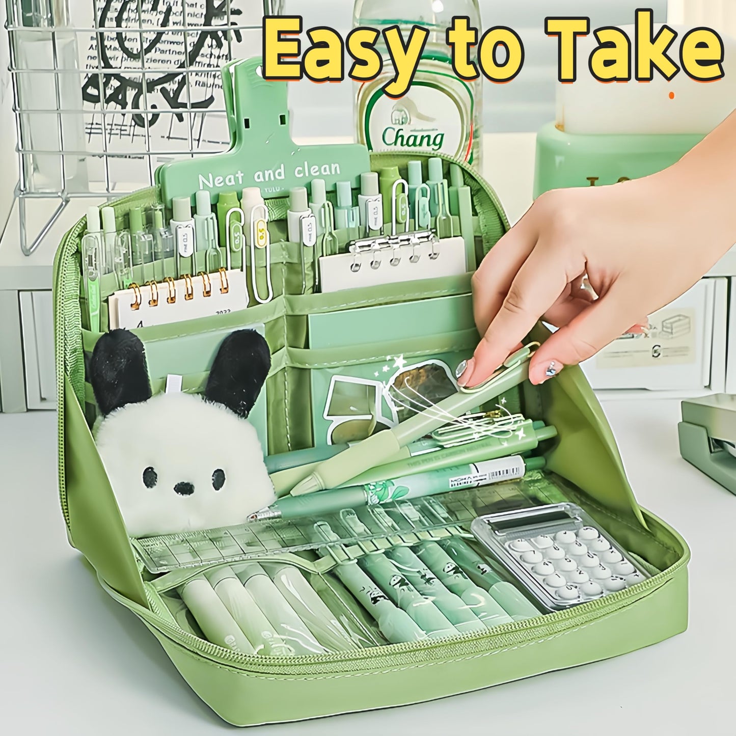 UIVXXUD Kawaii Cute Aesthetic Pencil Case - Large Capacity Canvas Pen Pouch Bag (Beige)