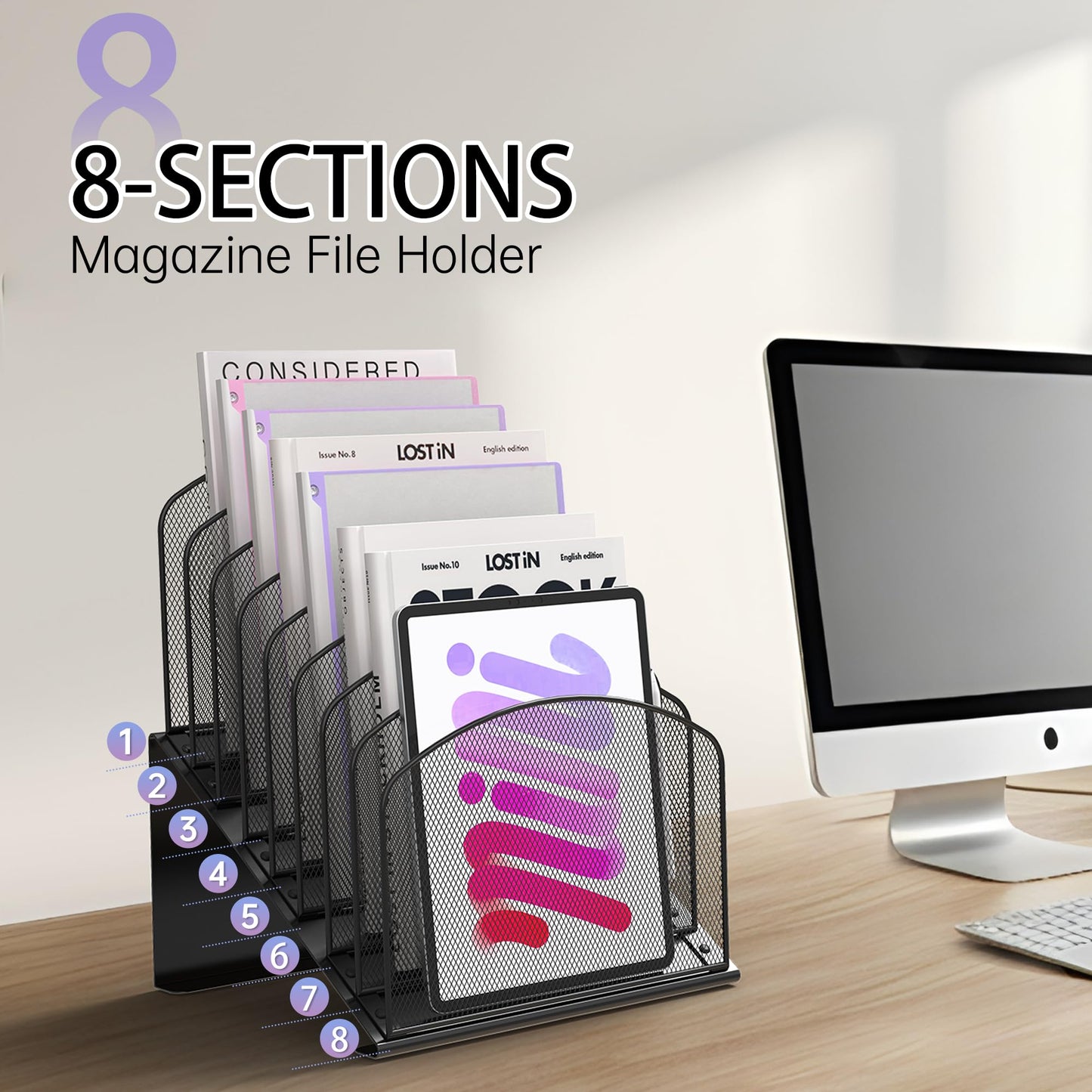 Inclined Desk File Organizer Metal Desk Magazine Folder Holder with 8-Section Vertical Compartments Rack File Organizer for Office, Home, School, Black