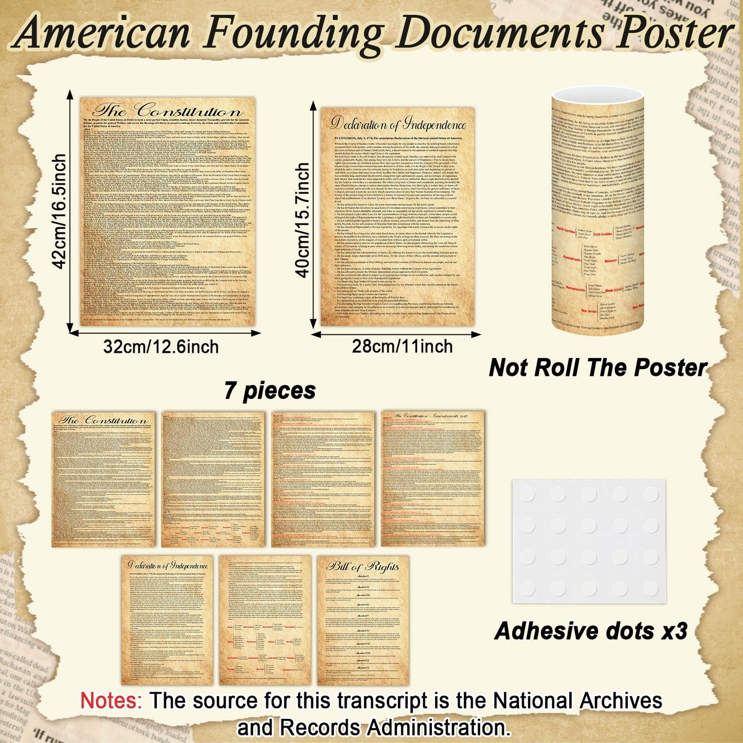 7Pcs American Founding Documents Poster US Constitution with All Amendments, Declaration of Independence and Bill Of Rights Posters Vintage US History Wall Prints for Classroom School Home Office