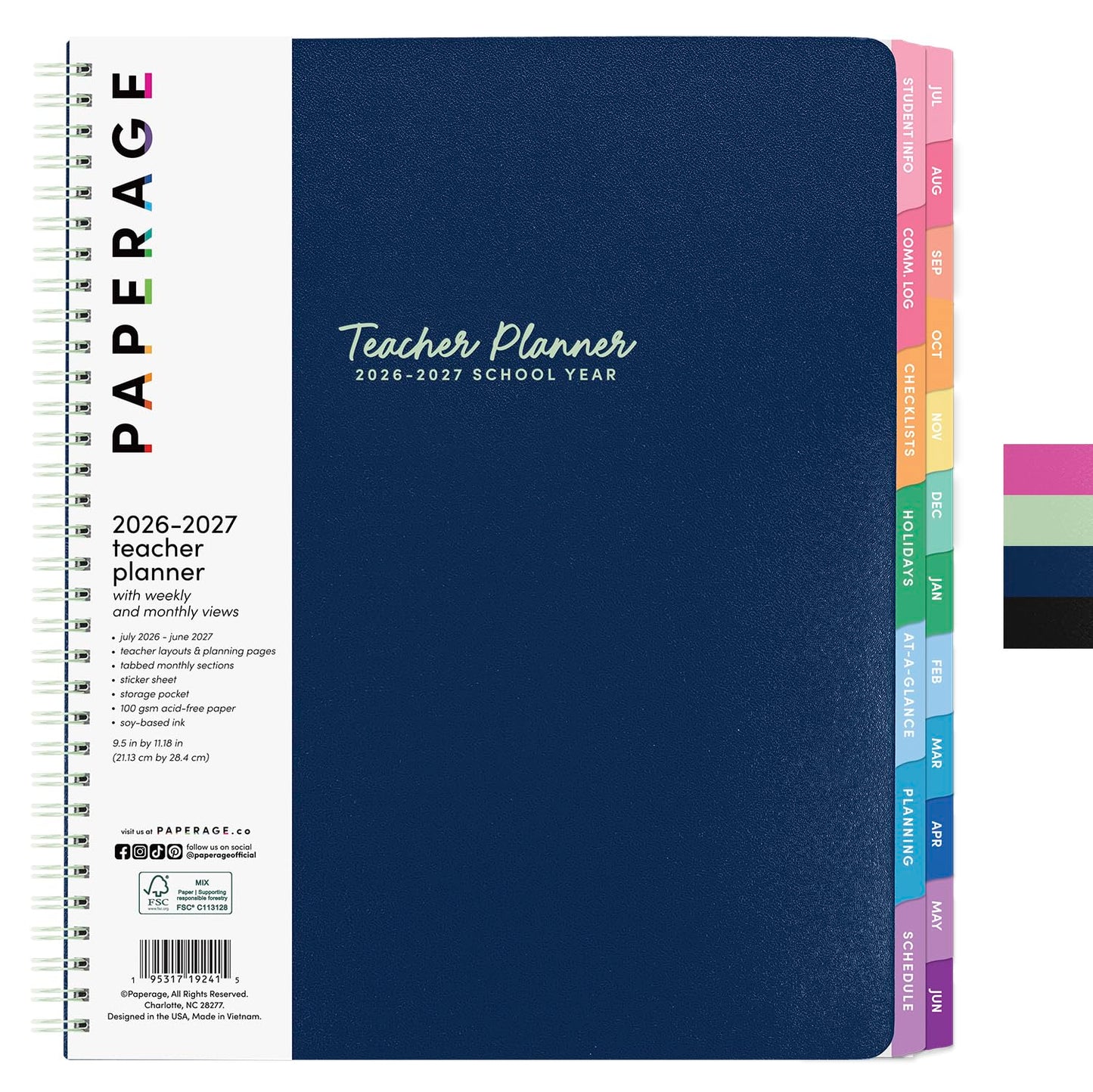 PAPERAGE Teacher Planner, Weekly & Monthly Academic Planner & Calendar, 12-Months, July 2026 - June 2027, (9.5" x 11"), Teacher Lesson Planning Book with Tabs, Stickers & Inner Pocket, Royal Blue