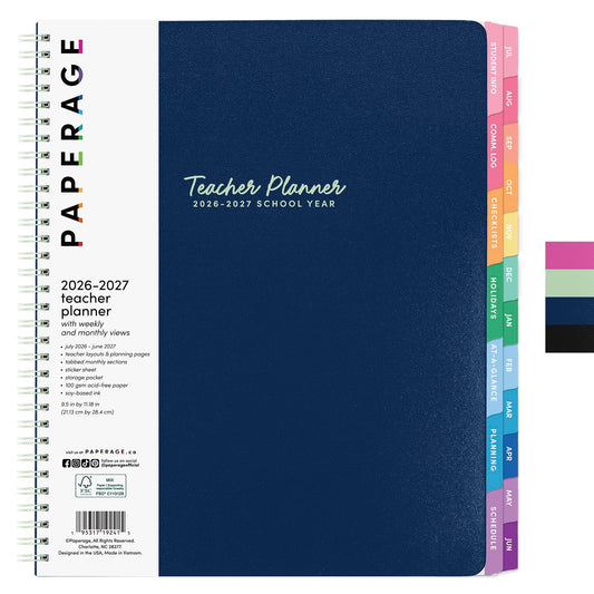 PAPERAGE Teacher Planner, Weekly & Monthly Academic Planner & Calendar, 12-Months, July 2026 - June 2027, (9.5" x 11"), Teacher Lesson Planning Book with Tabs, Stickers & Inner Pocket, Royal Blue