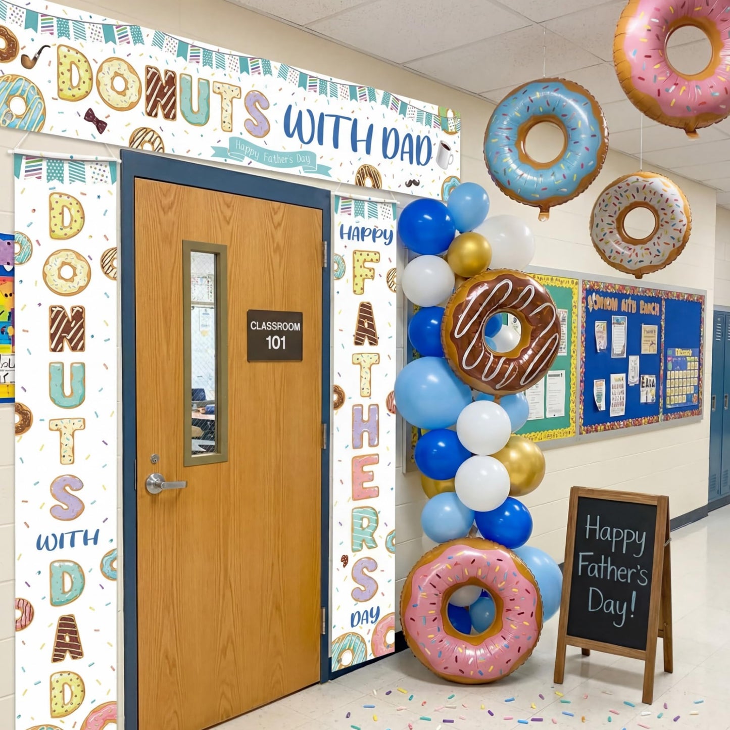 Fanfanwin 3 Pcs Happy Father's Day Banner Donuts with Dad Decorations Donuts Sprinkles Father Day Decor I Love Best Dad Ever Background Thank You Appreciation Party Supplies for Door Yard Decor