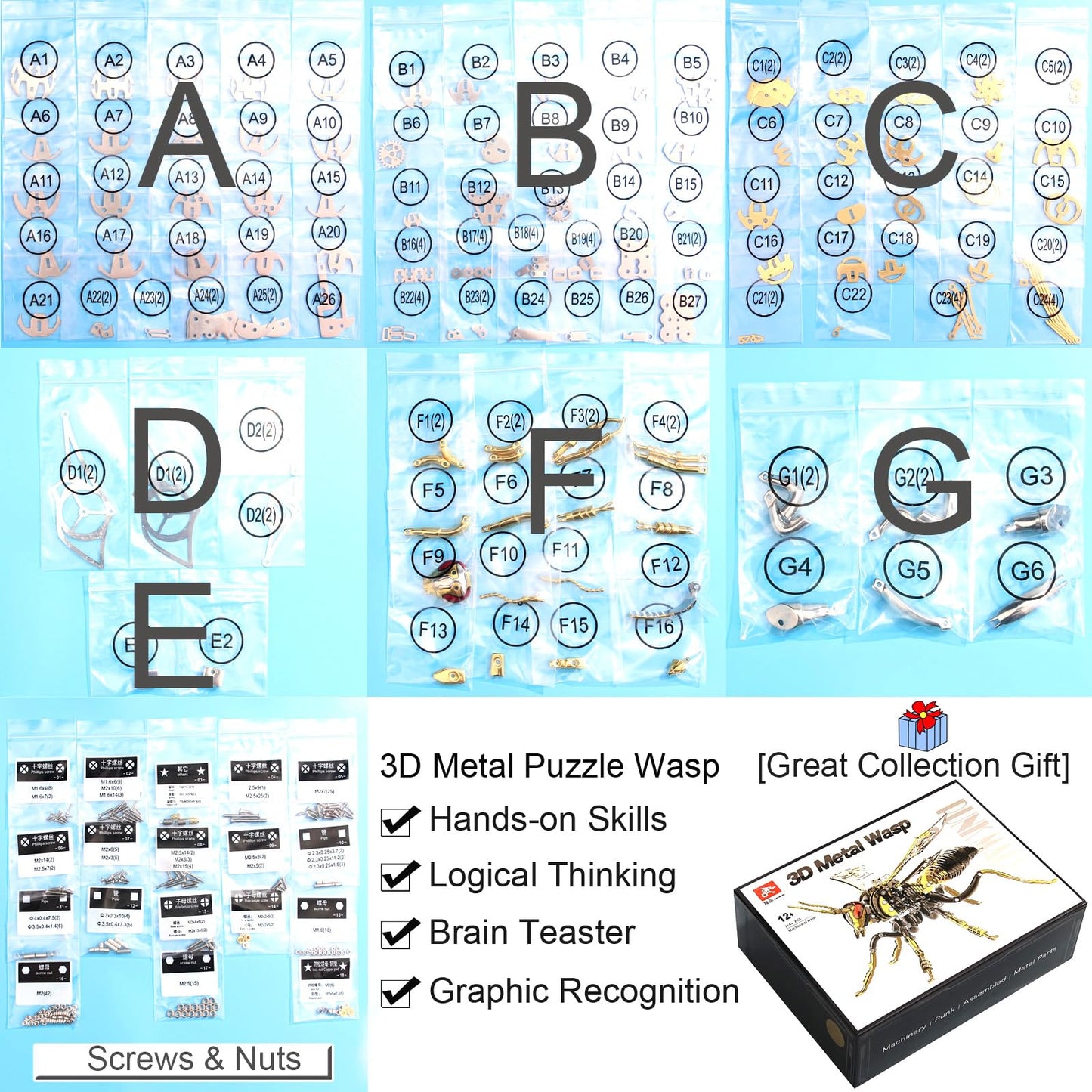 3D Metal Wasp Puzzles for Adults, Black Model Kits Mechanical Building Blocks, Difficult DIY for Assembly Gifts for Men