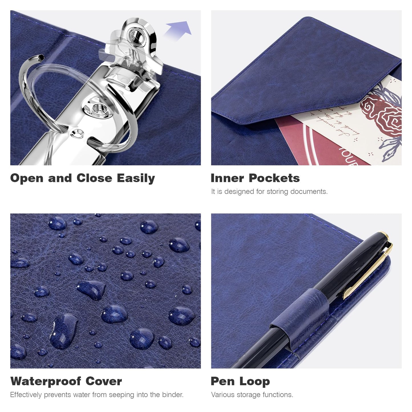 Ospelelf Leather Mini Binder Vintage Hardcover 2 Inch Rings, Professional Small 3 Ring Binders Organizer Suitable for 5.5" x 8.5" Documents, Binder Dividers with Tabs, Dark Blue