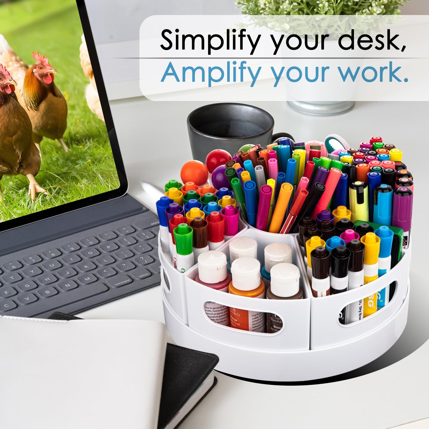CraftGenes Art Supply Organizer, Extra Large 360 Degree Rotating Desk Organizer with 7 Removable Compartments, Marker Organizer and Craft Caddy for Kids, Teachers, Classroom, Home Office, White