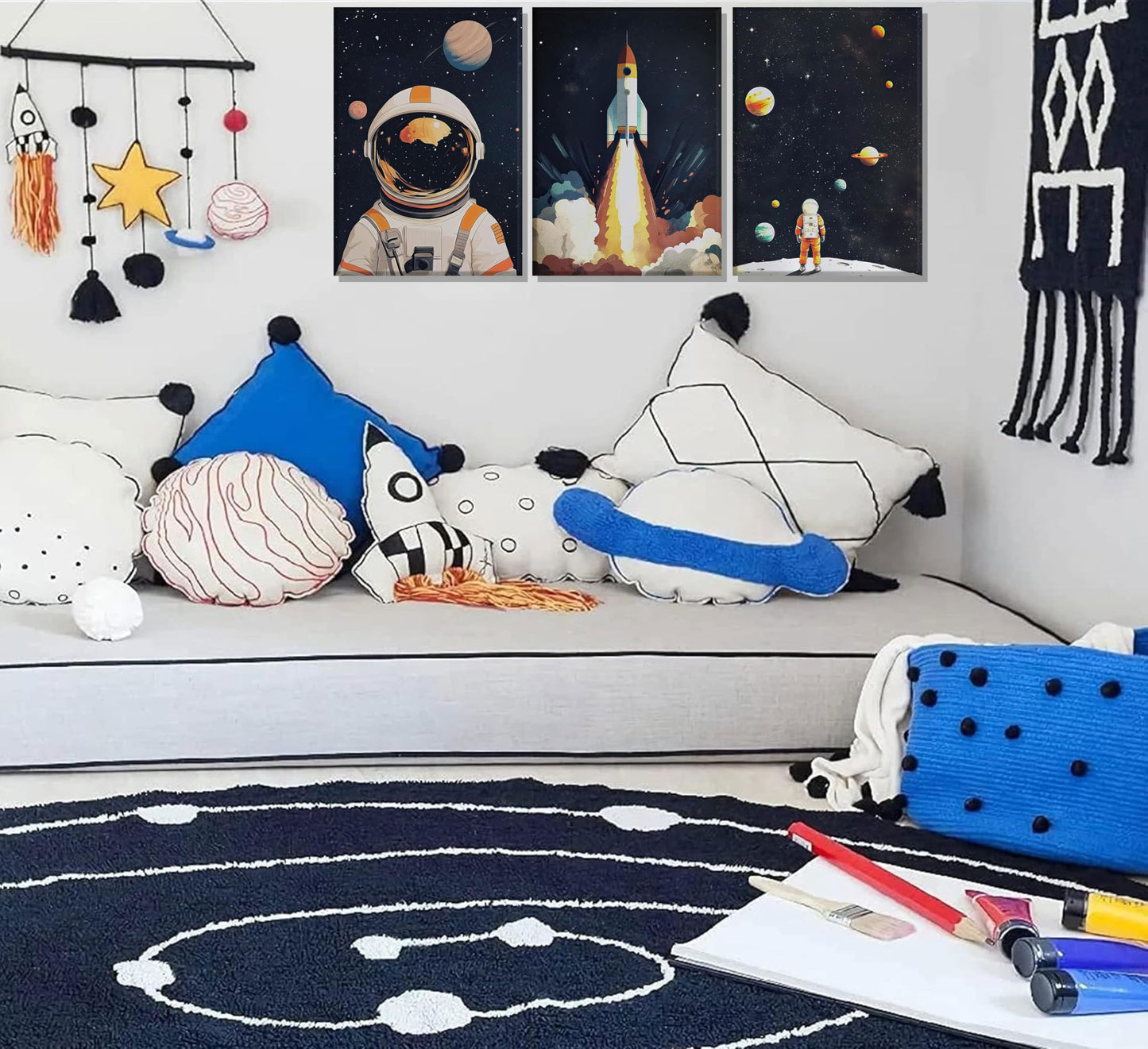 3Pcs Space Astronaut Canvas Wall art Cute Astronaut Nursery Galaxy Posters Modern Space Themed Print Rocket Pictures Toddler Boy Room Wall Decor for Adventure Kids Bedroom Nursery Room Framed