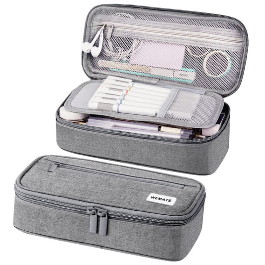 WEMATE Large Pencil Case Aesthetic,Big Capacity Canvas Pencil Pouch with Zipper, Pencil Case for Women & Men, Marker Pen Case,Portable Pencil Bag for Office Light Grey